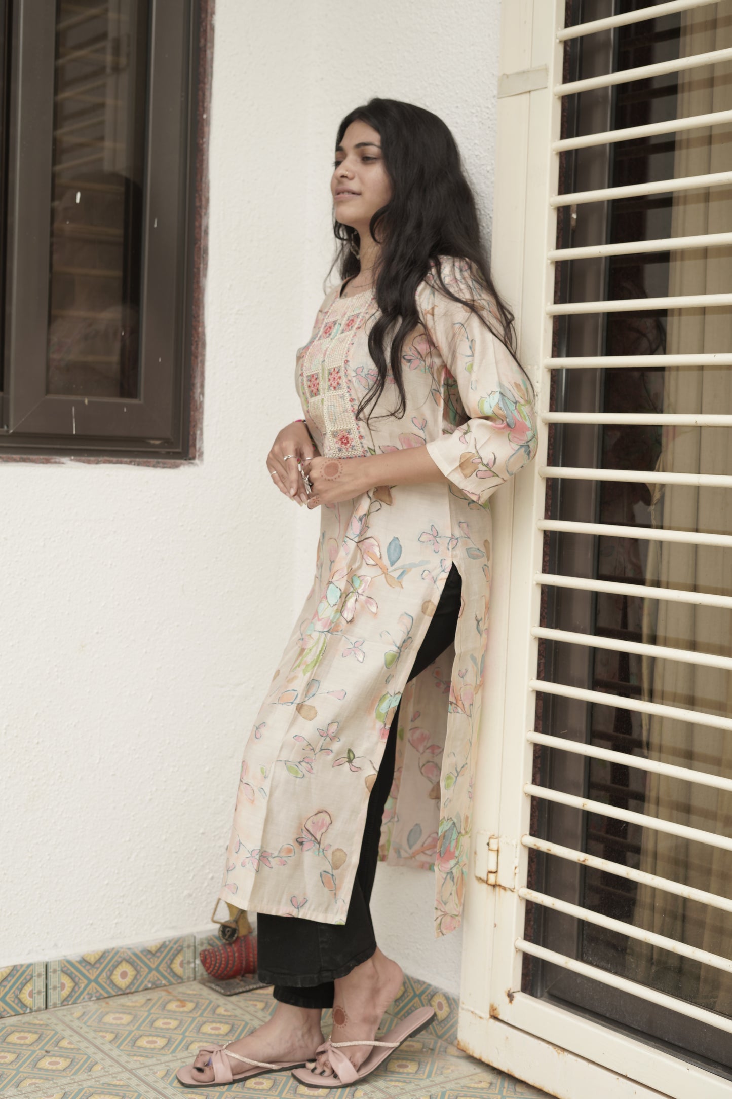 Floral Pop Printed & Embroidered Kurti