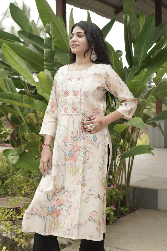 Floral Pop Printed & Embroidered Kurti