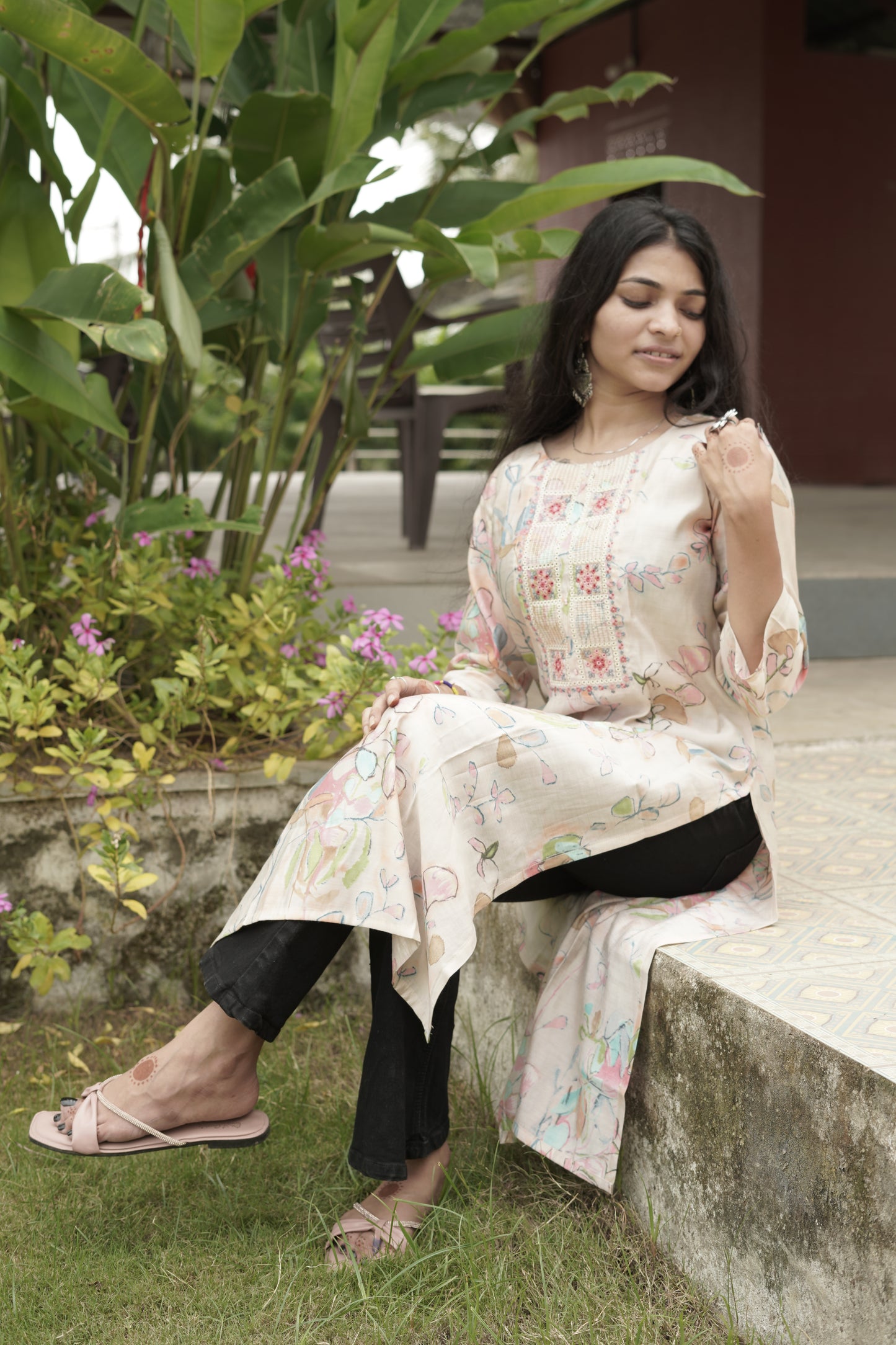 Floral Pop Printed & Embroidered Kurti